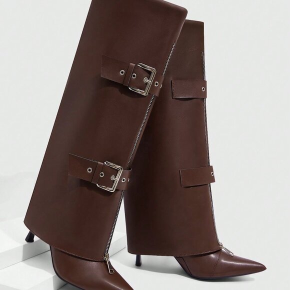 Rust Brown Casual Women's Pointed Toe Knee-High Heeled Boots - Picture 6 of 10